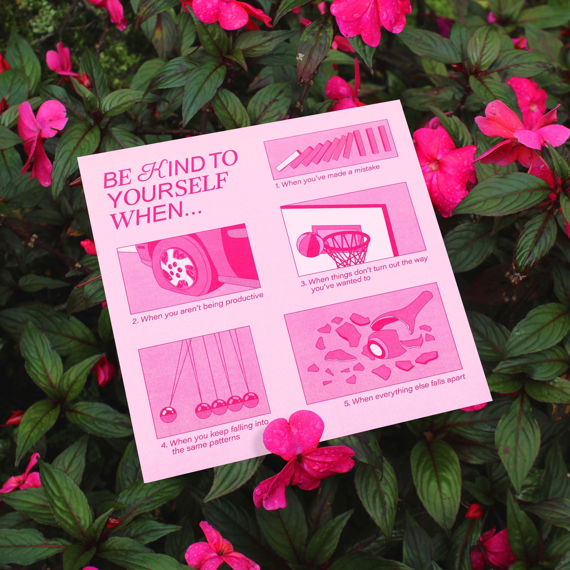 A pink self-care fine art print with the text "be kind to yourself" against floral background