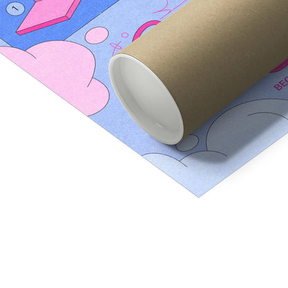 Close up shot of a cardboard tube with a blue self-care art print