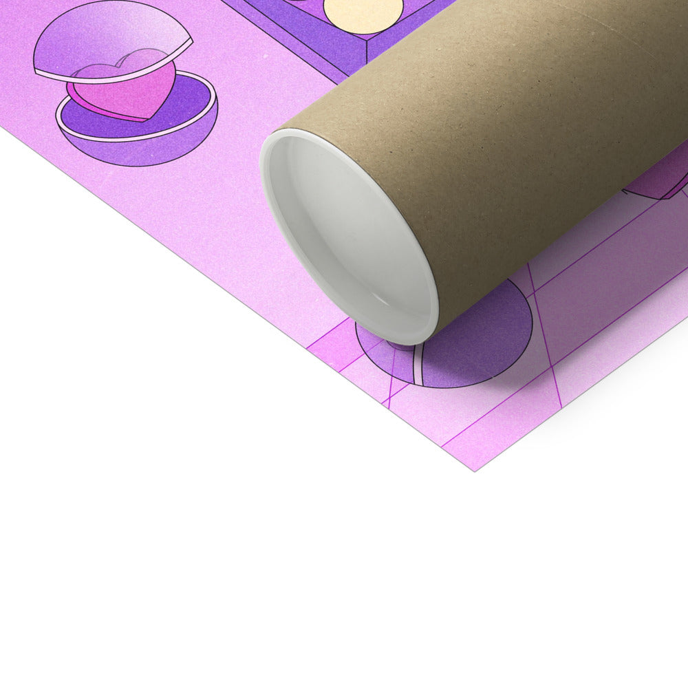 Close up shot of a cardboard tube with a purple self-care art print