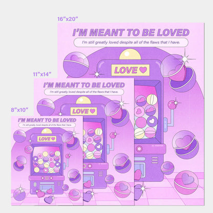 A size chart of a purple claw machine self-care art print with the text "i'm meant to be loved"