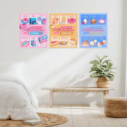 Three different posters with the text "positive affirmations" using food concepts on a wall