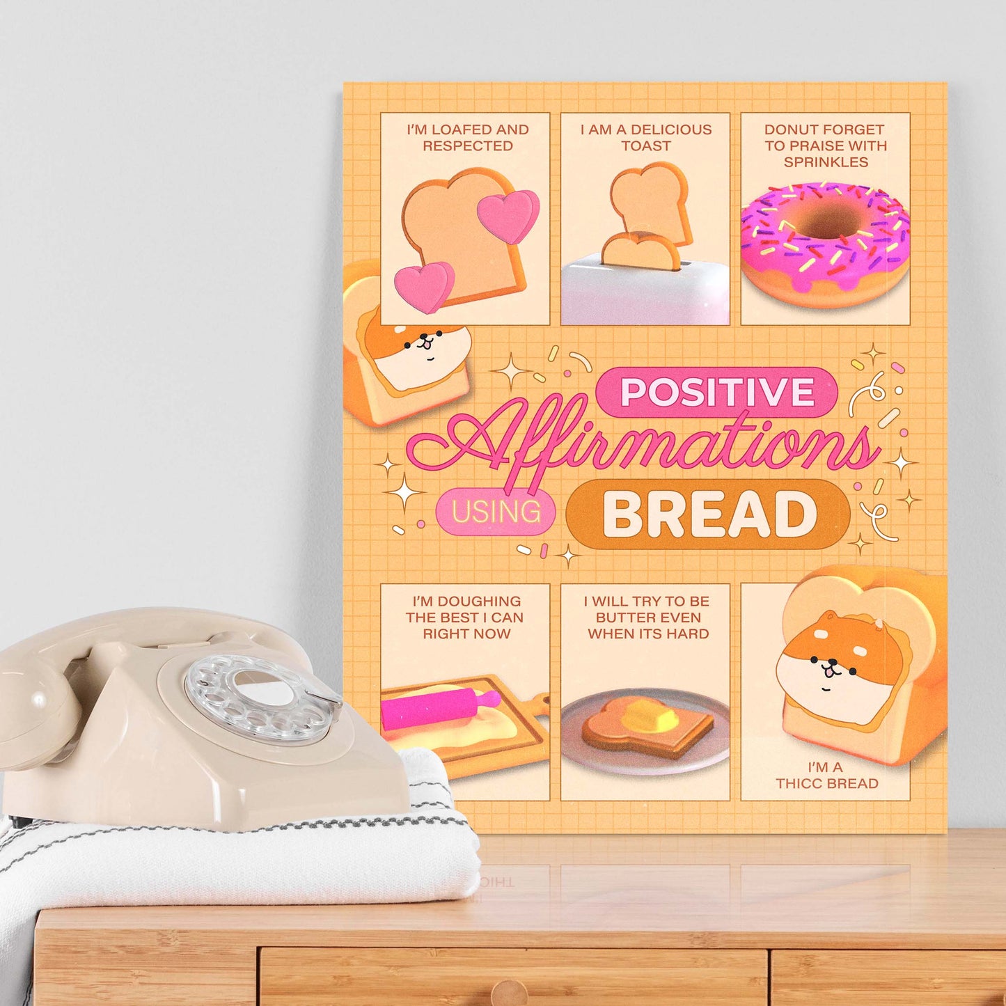 An orange self-care art print with the text "positive affirmations using bread" on a table next to a telephone