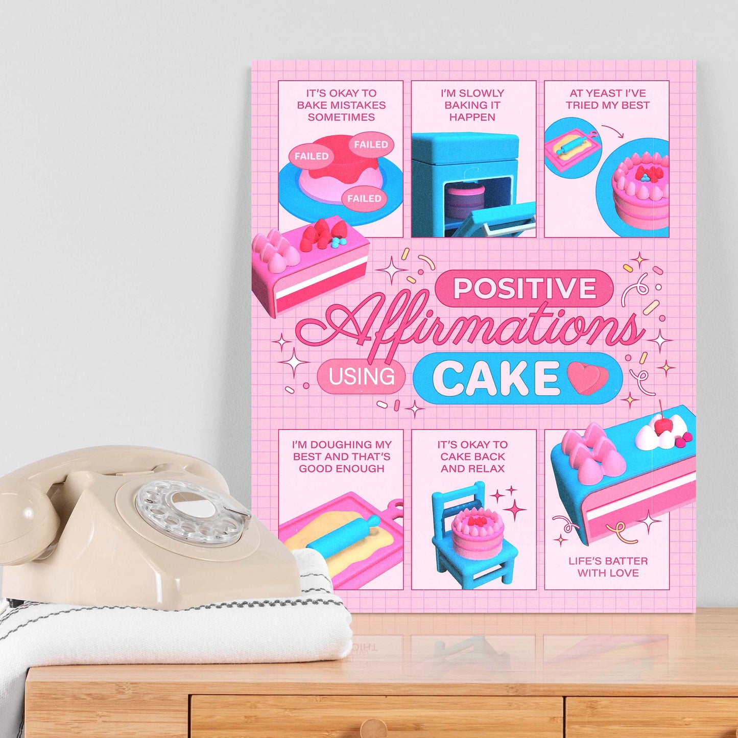 Light pink self-care art print with the text "positive affirmations using cake" on a table next to a telephone