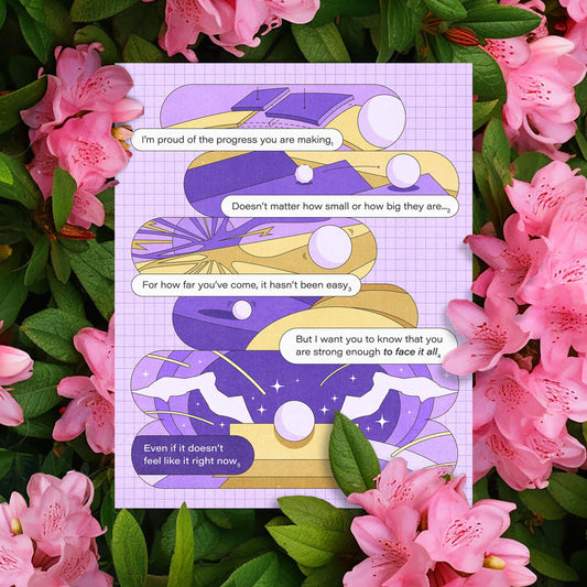 An illustrative purple and yellow self-care art print against pink floral background