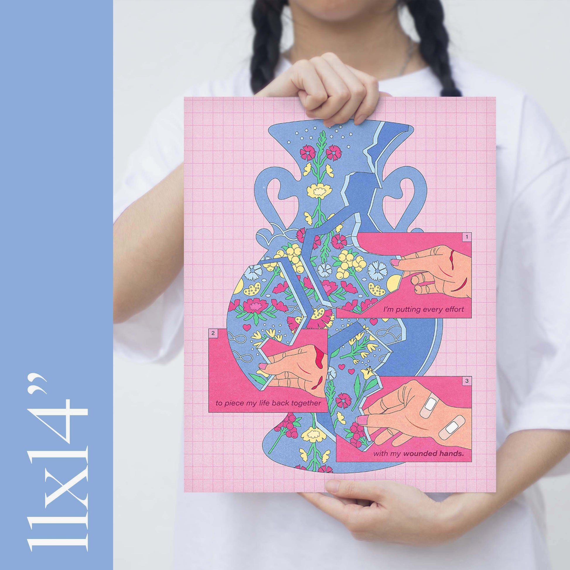 A girl holding an 11x14" size illustration of a broken vase self-care art print