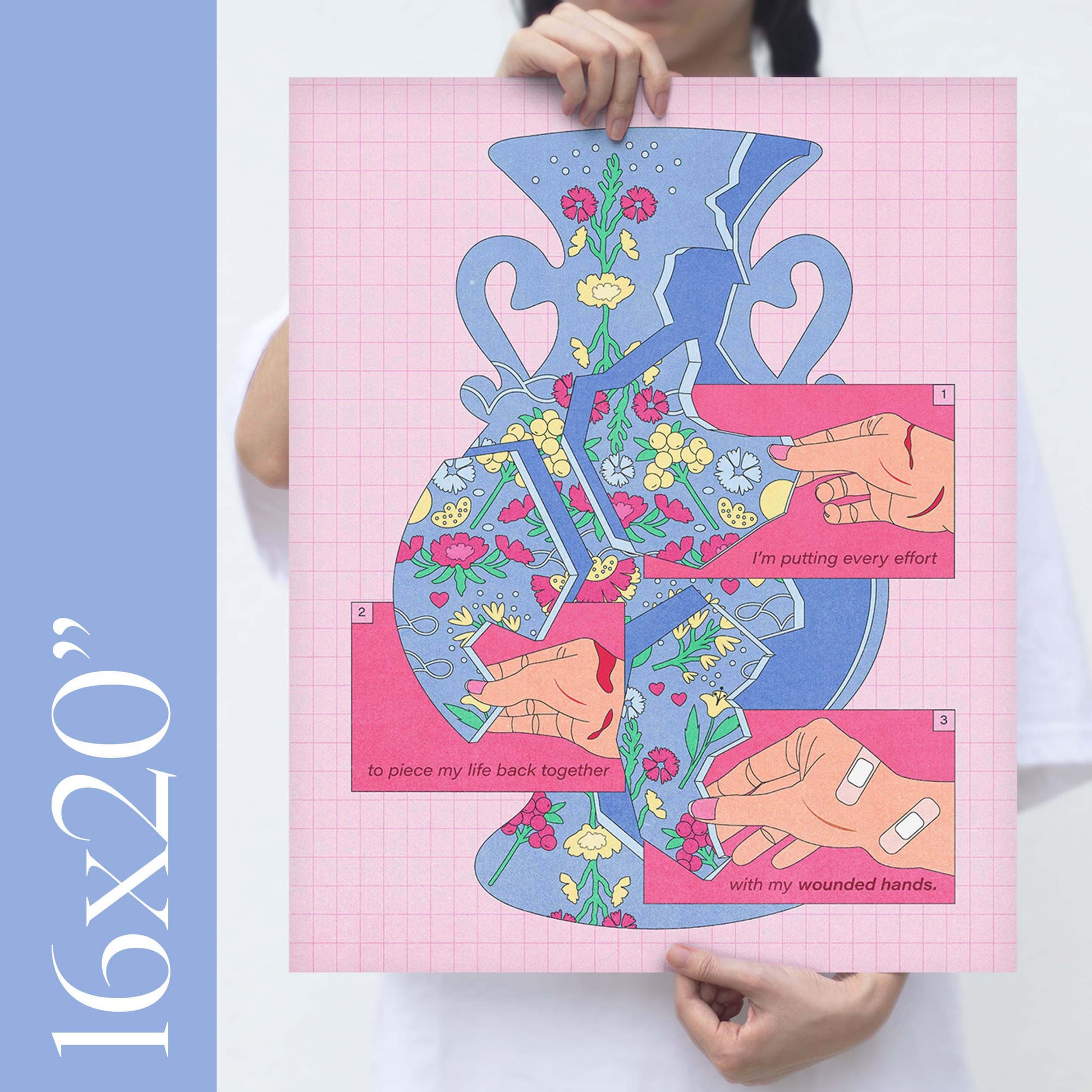 A girl holding an 16x20" size illustration of a broken vase self-care art print