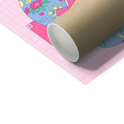 Close up shot of a cardboard tube with a self-care art print