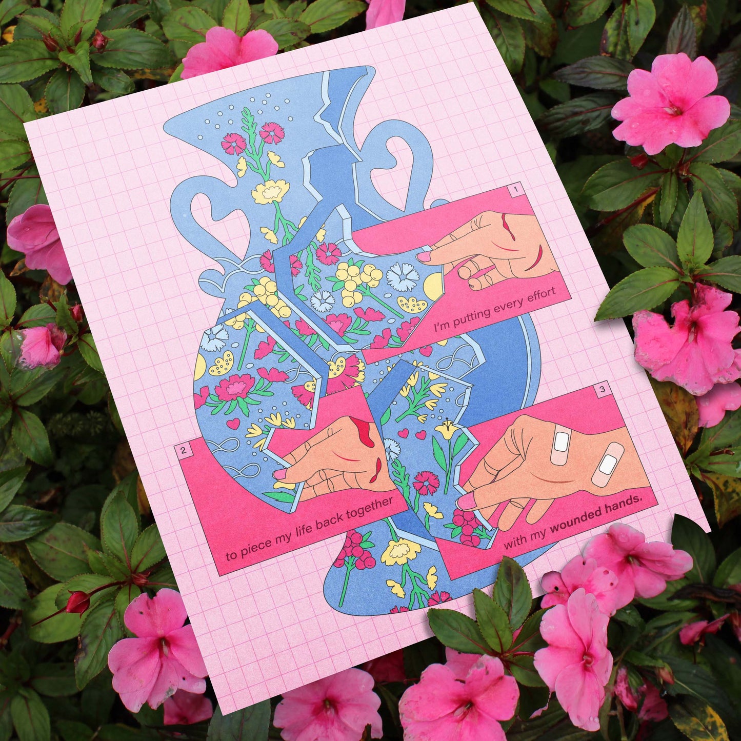 An illustration of a broken vase self-care art print against pink floral background