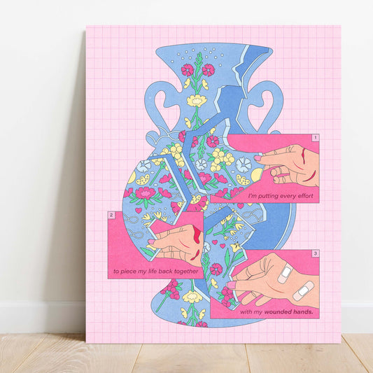 Illustration of a broken vase self-care art print on the floor