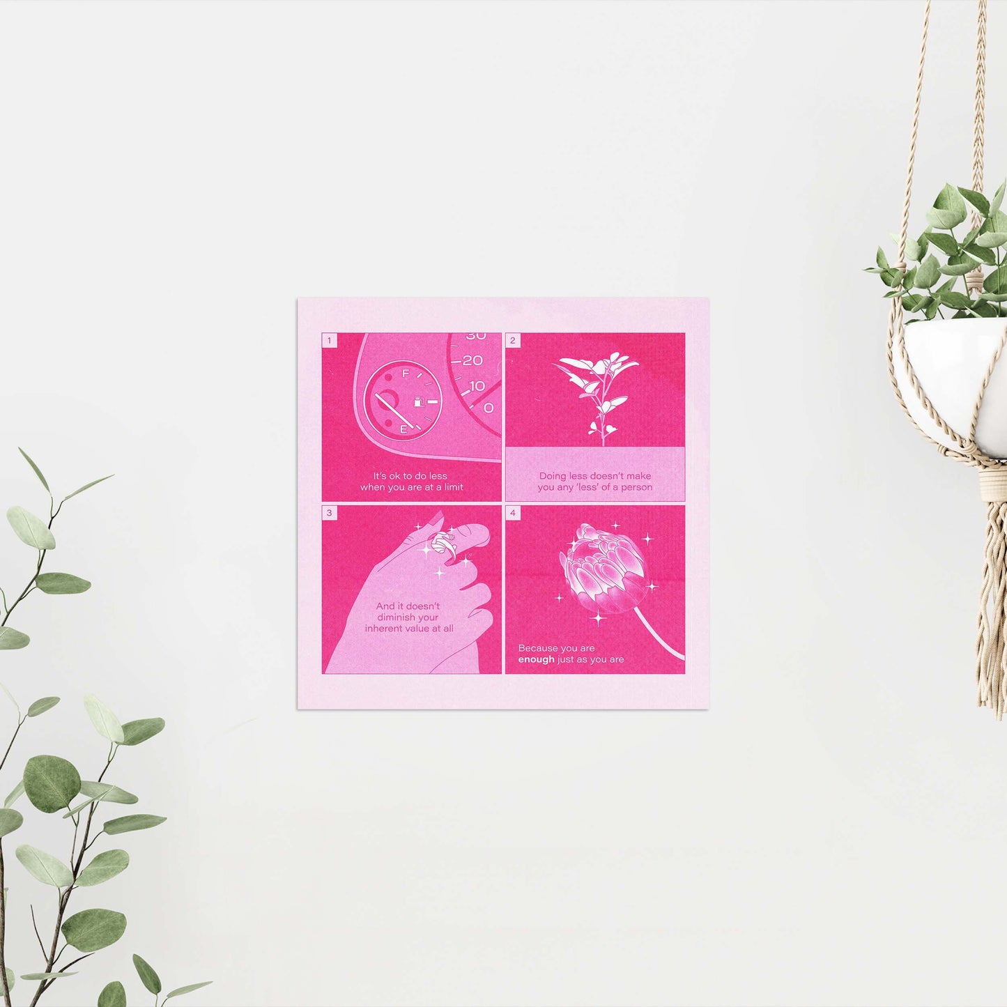 8x8" size pink illustrative design self-care art print on a white wall