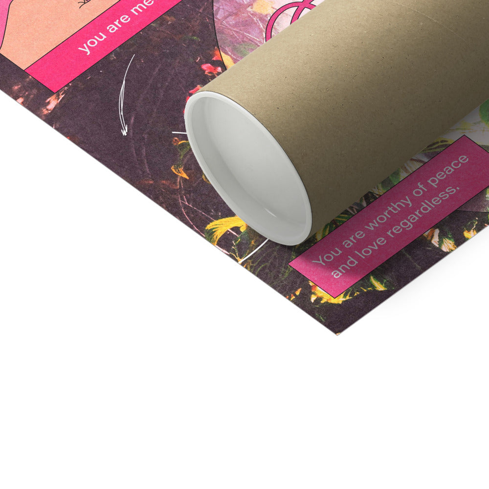 Close up shot of a cardboard tube with a pink self-care art print