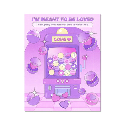 A purple claw machine self-care art print with the text "i'm meant to be loved" 